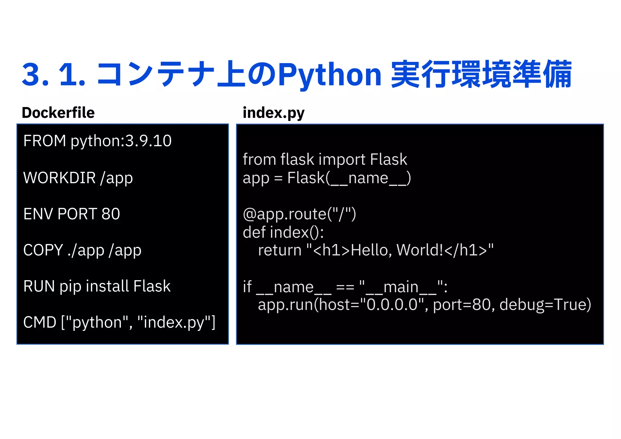 Dockerfile index.py
3. 1. コンテナ上のPython 実行環境準備
FROM python:3.9.10
WORKDIR /app
ENV PORT 80
COPY ./app /app
RUN pip install Flask
CMD ["python", "index.py"]
from flask import Flask
app = Flask(̲̲name̲̲)
@app.route("/")
def index():
return "<h1>Hello, World!</h1>"
if ̲̲name̲̲ == "̲̲main̲̲":
app.run(host="0.0.0.0", port=80, debug=True)
 