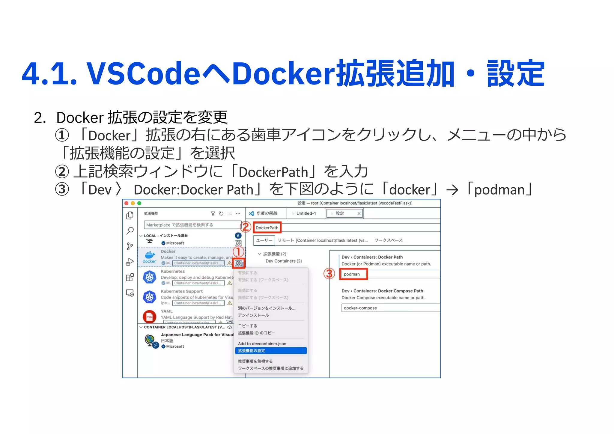 4.1. VSCodeへDocker拡張追加・設定
2. Docker 拡張の設定を変更
① 「Docker」拡張の右にある⻭⾞アイコンをクリックし、メニューの中から
「拡張機能の設定」を選択
② 上記検索ウィンドウに「DockerPath」を⼊⼒
③ 「Dev 〉 Docker:Docker Path」を下図のように「docker」→「podman」
 
