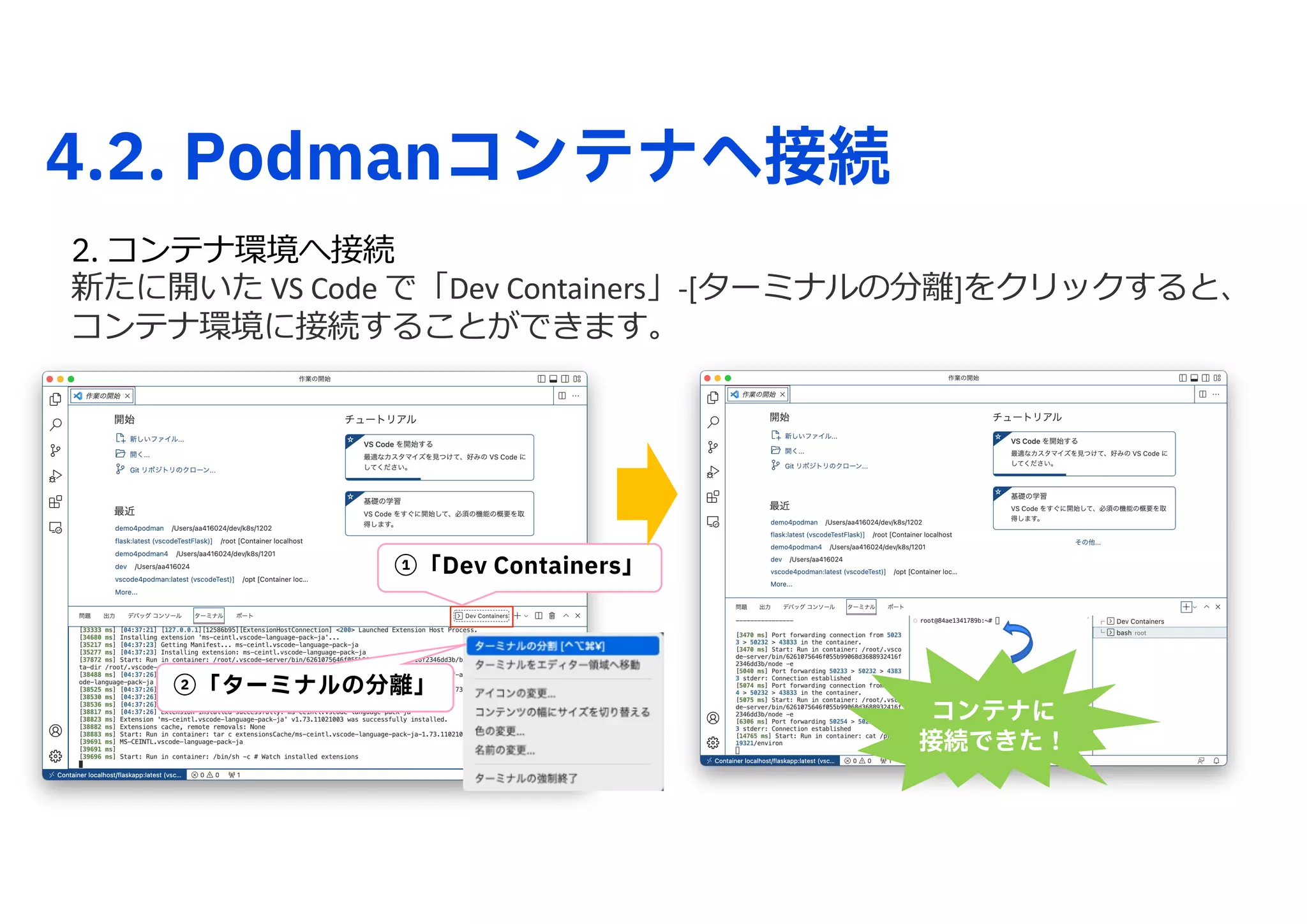 4.2. Podmanコンテナへ接続
2. コンテナ環境へ接続
新たに開いた VS Code で「Dev Containers」-[ターミナルの分離]をクリックすると、
コンテナ環境に接続することができます。
①「Dev Containers」
②「ターミナルの分離」
コンテナに
接続できた！
 
