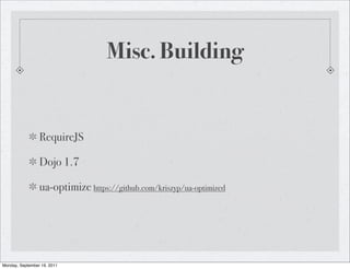 Misc. Building


                 RequireJS

                 Dojo 1.7

                 ua-optimize https://github.com/kriszyp/ua-optimized




Monday, September 19, 2011
 