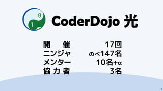 5
CoderDojo光
開 催
ニンジャ
メンター
協 力 者
17回
のべ147名
10名＋α
3名
 