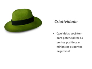 Criatividade
• Que ideias você tem
para potencializar os
pontos positivos e
minimizar os pontos
negativos?
 