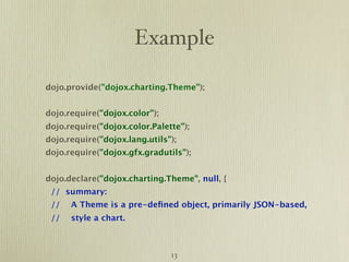 Example

dojo.provide("dojox.charting.Theme");


dojo.require("dojox.color");
dojo.require("dojox.color.Palette");
dojo.require("dojox.lang.utils");
dojo.require("dojox.gfx.gradutils");


dojo.declare("dojox.charting.Theme", null, {
 // summary:
 //   A Theme is a pre-deﬁned object, primarily JSON-based,
 //   style a chart.



                               13
 