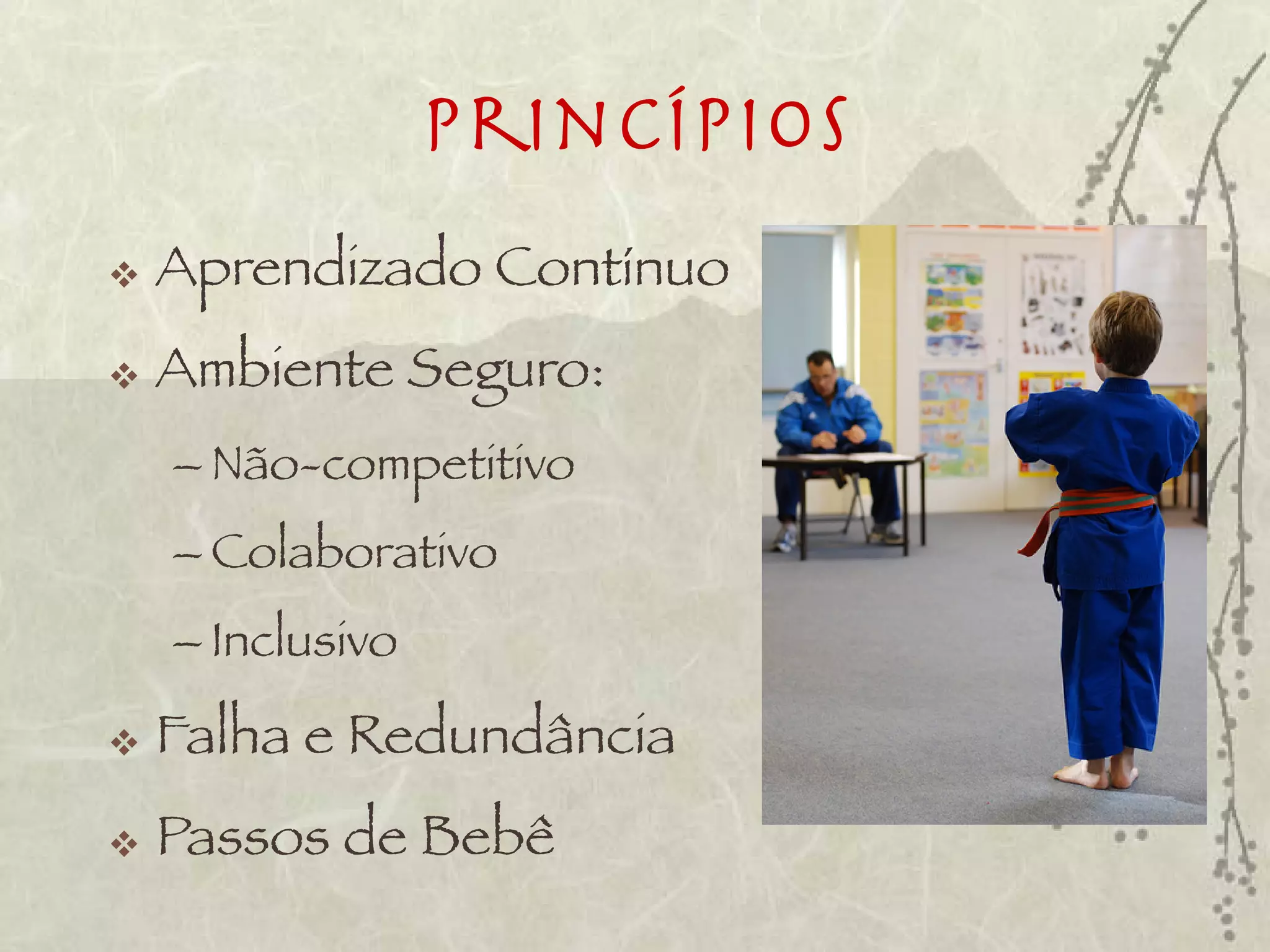 Princípios
   Aprendizado Contínuo
   Ambiente Seguro:
    – Não-competitivo
    – Colaborativo
    – Inclusivo

   Falha e Redundância
   Passos de Bebê
 