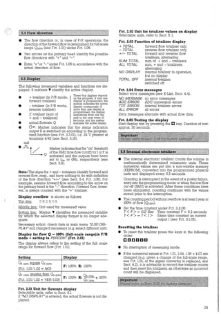 9 The flow direction or, in case of F/R operations, the
direction ofthe forward flow is deterrnined forfull-scale
range 0100% (see Fct. 1.01) under Fct. 1.06.
8 Two arrows on the primary head identify the possible
flow directions with "+"und "-".
• Enter "+" or "-"under Fct. 1.06 in accordance with the
actual direction of flow.
The following measured variables and functions are dis-
played. 6 markers V identify the active display.
•
•
•
••
+ totalizer (in F/R mode,
forward totalizer)
- totalizer (in F/R mode,
reverse totalizer)
I: totalizer (sum of
+ and - totalizers)
These four displays depend
on the program. If only one
display is prograrnmed, the
marker indicates the active
display continuously. If
more than one display is
programmed, the display
sequences from one. dis-
play to the next every 10
seconds, and the marker
actual flowrate 0 indicates the active display.
G+: Marker indicates that the status indication
output S is switched on according to the program-
med function (see Fct. 3.3.01), i.e. 24 V present at
terminals 4/43 (see Sect. 5.16).
mA
• _Jl_t/ „0
Marker indicates that the "on" threshold
ofthe SMU (low-flow cutoff) for I or F is
activated and the outputs have been
set to 1o% or OHz, respectively (see
Sect. 5.9).
Note: The signs for + and - totalizers identify forward and
reverse flow, resp., and have nothing to do with definition
of the flow direction "+/-" (see Sect. 5.4, Fct. 1.06). For
example, assume forward flow according to the arrow on
the primary head is the "-" direction. Forward flow, howe-
ver, is always counted with the "+" totalizer.
Display overflow is shown as follows:
'I'Qpline: ======Middle line: Unit used for measured value
Bottom line: Marker V identifies the measured variable
for which the selected display forrnat is no longer ade-
quate.
Necessary action: check data in main menu "2.00 DIS-
PLAY" and change ifnecessary (e.g. select different unit).
Display for flow Q = 100% (full-scale range)in F/R
mode + setting in PERCENT (Fct. 2.01)
The display always refers to the setting of the full- scale
range for forward flow (Fct. 1.01)
Setting
Qp 100% eguals OR 100%
(Fct. 1.01/1.02 = NO)
Display
F: 100% R: 100%
Of 100% greater than OR 100% Q
F: 100% R: R lOO% * 100%
(Fct. 1.01/1.02 = YES!l.03) OF 100%
Fct. 2.01 Unit for flowrate display
Selectable units, refer to Sect. 5.1.
If "NO O/SPLA Y" is entered, the actual flowrate is not dis-
played.
Fct. 2.02 Unit for totalizer values on display
Selectable units, refer to Sect. 5.1.
Fct. 2.03 Function of totalizer display
+ TOTAL. . forward flow totalizer only
- TOTAL. reverse flow totalizer only
+/- TOTAL. forward and reverse flow
totalizers, altemating
SUM TOTAL. sum of + and - totalizers
ALL TOTAL. sum, + and - totalizers,
altemating
NO OISPLA Y intemal totalizer in operation,
but no display
TOTAL. OFF intemal totalizer
switched off
Fct. 2.04 Error messages
Select error messages (see E-List, Sect. 4.4).
NO MESSAGE no error messages
AOC ERROR ADC conversion errors
TOT. ERROR intemal totalizer errors
ALL ERROR all errors
Error messages altemate with actual flow data.
Fct. 2.05 Testing the display
Start display test by pressing the C key. Duration of test:
approx. 30 seconds.
9 The intemal electronic totalizer counts the volume in
mathematically .deterrnined volumetric units. These
numerical values are put into a non-volatile memory
(EEPROM), converted into the programmed physical
units and displayed every 0.3 seconds.
Counting is interrupted in the event of a power failure,
entry into the programrriing mode or when the low-flow
cut off (SMU) is activated. After these conditions have
been eliminated, counting continues with the values
stored prior to the interruption.
8 The counting period without overflow is at least 1year at
100% of flow (0100%).
• Set the time constant under Fct. 3.2.06:
T< F> = 0.2 Sec Time constant F = 0.2 seconds
T < F> = T < I > Same time constant as current
output I (see Fct. 3.1.05).
Resetting the totalizer
• To reset the totalizer press the keys in the following
order:
Cl1Hlfil06
• No interruption of measuring mode.
e If the numerical values in Fct. 1.01, 1.04, 1.05 + 4.07 are
changed (e.g. given a change of the full-scale range,
see Fct. 1.01, or the signal converter is replaced, see
Sect. 8.2), it is advisable to record the totalizer counts
and then reset the totalizers, as otherwise an incorrect
count will be displayed.
29
 