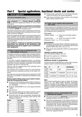 Part C Special applications, functional checks and senice
6. Special applications
!fäi~j,tJfä~t#miw.Ji.tiii.iil~~~iJlitf@tltltI{Ifüillitft!
Altoflux electromagnetic flowmeters are certified to Euro-
pean standards and to Factory Mutual standards
(FM) as electrical appliances suitable for use in hazar-
dous areas.
Onlythe primaryheads are permitted tobe installed
in the hazardous area. The signal converter must always
be installed outside the hazardous area.
Allocation oftemperature class to temperature ofthe fluid,
meter size and material of the measuring tube liner is spe-
cified in the test certificate.
Since the intrinsically safe signal circuit is grounded under
field conditions via the fluid, equipotential bonding is
required in the entire hazardous area andin the cable run
ofthe mtrinsically safe signal circuit (inside and outside the
hazardous area).
Test certificate, certificate ofconformity and wiring
instructions are attached to the Installation and
Operating Instructions (applies only to hazardous-
duty equipment).
lli~~ll!ll.lllllrt1~11111illl~lilllillllilillill·:llllil:::
The signal converter is equipped with an intemal automa-
tic reference unit which ensures optimum adjustment to
the input signal from the primary head during changing
flowrates.
In the case of rapidly changing flowrates, e.g. batching
processes and where operation with reciprocating pumps
is involved, it may be necessary to influence or cut out this
automatic unit via Fct. 4.08 and 4.09.
With Fct. 4.08, the response time of the automatic unit is
decreased by up to 30%.
The automatic unit is switched off via Fct. 4.09. However,
this reduces the measuring accuracy of the signal con-
verter.
Since there are no hard and fast rules for applying Fct. 4.08
and 4.09, it is advisable to determine the optimum setting
as follows.
Always switch off the power source before connec-
ting and disconnecting cables!
• Connect an LED with series resistor (0.68 to 2 kohms) or
an oscilloscope to terminals 4 + 43 (digital voltmeters
are unsuitable).
• Program "ADC ERROR"in Fct. 3.3.01 (status indication
output).
• Start the flow.
• The optimum setting for the signal converter is found
when the LED does not turn off (remains lighted),
• If the LED tums off, even momentarily, reprogram the
signal converter in the following order until the LED
remains on (lighted).
Order Fct. 4.08 Fct. 4.09
lst NO/SE AUTO. REF.
2nd NO NO/SE HIGH FLOW
3rd NO NO/SE MED1-FLOW
4th NO NO/SE MED2-FLOW
5th NO NO/SE MED3-FLOW
6th NO NO/SE LOWFLOW
• Subsequently, reprogram Fct. 3.3.01 (status indication
output) according to its original application.
• If the above procedure does not lead to the desired
effect, please consult factory.
l'::~1~::1lllRlil~ll~~i:lllll!l~llit~:·111111i1iill1:llllililllllll
Output values can be stabilized to values as for "zero" flow
to prevent random output signals when the measuring tube
is empty orwhen the electrodes are notwetted in the event
the measuring tube is partially full.
This means:
Totalizer Display - does not accumulate random
counts
Current output - value of Io% (see Fct. 3.1.02)
Frequency output - 0 V(= no pulses)
Preconditions
• Electrical conductivity offluid ~ 200 µSlcm (µmholcm)
[~ 500 µSlcm (µmholcm) in conjunction with primary
head IFS 5000 (-Ex), DN::; 15 or:::;; 1/ 2"]
• Max. signal cable length 50 m (165 ft), for cable type DS
or BTS.
Changes on basic pc board
(see components drawing, Sect. 9.1)
• Insert two resistors Rx = 10 Mohms
• Insert soldering jumper Lx.
Additional change to programming
Program low-flow cutoff (SMU) for current output I and fre~
quency output F as follows (minirnum values):
Fct. 1 F Comments
3.1.06
YES YES Activate SMU
3.2.07
3.1.07
1 PERCENT 1 PERCENT Cut off "on" value
3.2.08
3.1.08
2 PERCENT 2 PERCENT Cut off "off" value
3.2.09
Note
The low-flow cutoff function does not affect the flowrate
display, Fct. 2.01: DISP. FLOW Therefore, depending
upon the resolution of this display, there may be a slight
positive or negative flowrate displayed during the period
the pipe is empty or the measuringtube electrodes are not
wetted.
lii:ll:lll.r.~l.lllf.lllllmllllllilil:ji!j:llililllliillllil:iill:l
• The signal converter can optionally be equipped with
magnetic sensors, see Sect. 4.1, Item 5.
e This allows programming of the signal converter by
means of a hand-held bar magnet. Function of sensors
without removing the front cover is the same as the cor-
responding keys. Sensor response is acknowledged
by symbols in the lst line of the display.
• Hold the bar magnet by the black rubber cap. Apply
blue end of the magnet (north pole) to the glass pane
above the magnetic sensors.
39
'1
 