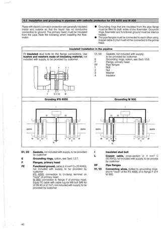 Pipes with electric corrosion protection are generally insulated
inside and outside so that the liquid has no Conductive
connection to ground. The primary head must be insulated
from the pipe. Note the following when installing the flow-
meter:
• Grounding rings that are insulated from the pipe flangE
must be fitted to both sides of the f!owmeter. Groundin
rings, flowmeter and functional ground must be intercor
nected.
• The pipe flanges must be connected to each other using
copper cable (L) but must not be connected to the prima1
head.
lnsulated installation in the pipeline
Fit insulated stuci bolts for the flange connections. Use
bushes and washers made of insulating material, not
included with supply, to be provided by customer.
3 4 3 1
01 E 02 RF
01, 02 Gaskets, not included with supply,
to be provided by customer
E Grounding rings, option, see Sect. 1.3.6.
F Flange, primary head
RF Pipe flanges
1 Bolt
2 Nut
3 Washer
4 lnsulator
Gronding IFS 4000 Grounding M 900
L L
pipeline
RF 02 01 F 01 02 RF
E E
01, 02 Gaskets, not included with supply, tobe provided
by customer
E Grounding rings, option, see Sect. 1.3.7.
F Flanges, primary head
FE Functional ground, cable z 4 mm2 Cu (10 AWG),
not included with supply, to be provided by
customer
40
IFS 4000: connection to U-clamp terminal on
"neck" of primary head .
M 900: connection to flange F of primary head.
Equip FE cable with cable lug for M6 bolt (MS ior
z ON 40orz1W'), not included with supply, tobe
provided by customer
V1 V2
pipeline pipeline
RF 02 01 F 01 02 RF
E -:- E
FE
1 lnsulated stud bolt
L Copper cable, cross-section z 4 mm2 C
(10 AWG), not included with supply, to be provide
by customer
RF Pipe flanges
V1, V2 Connecting wires, bolted to grounding rings
and to "neck" of the IFS 4000, or to flange F of th
M900.
 