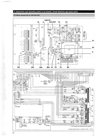 9. Connection and operating points 011 pc boards, circuit diagrams 'IJld spare parts
LD2/V5
Rx Lx LD1/FSV F2 F3
0
;:!!
"' ~ 8
II
-~ i
iffi
;j
0
··~
'
~
::~4
t r F1[~1~
1XIP<1
1 111
..,.,'""'
; ' 8·r T' .. . . . +
.i..;.
.. ~~
FS•f?
'!'
:t:
• i ~
T
8 8·
~
$-
=I
r ;j
~ 8'
-0
FOl F02 X4a XSa F4 F6 F7 X6
X4a /1 Z 3 4 5 6 7 8 9 10 11 12 13 1415161718 19 202122232425262728 29303132 3334 1 2 3 4 5 6 7 8 9 10 11 12 1314 15 16 1718 19 2021222324 Z5262728 2930313233 34 XSa/
1LL] L]l'""'=ll!'ttll" '1'IUIUlli"~II ~·l ll 1 1toµ P1
PCB
X3/ 1
X21X3 only
withEx-ve1sion
th1mdisconnec-
lingpoints ~
opened "Cl:::
X2/ 1112 3
~
2 3 4
'1!i Q1
"'4 6
5 7
....:_
::>
Rx
'_::J
5 6 Rx
~ 10
1
8 R1
„,
B ,r--1 z R6 J1.. /1
lA1
1t1 47oR
SFH610-2
-14VU
"measured-
va/ue
output
PCB
XI(<_?--
ZO ':'
2;::r>----~
3K9 / discormectfor
L----J---------------------+-++++-t-__,1-H++-"''1~2-"VU""-----~-"[i-1---'-'~---~.DC operatia11 4
220µ ,Y G/1 I F2 ..-3.;.--,„,.-'C::.-,
ye/
R2
3- 3K9
300-------...,c---++---'
4.10-____.,.y
4.Z~-~===~;~~di--i-----------------------------J4.3_ 3~
;-:- 34
- F02 760mAT
71-
12::; FOT 160mAT
10-
~1- · - - - - · - - · - - · - - ·--B ~,
1 FSV-Hybrid 1
1 1
1 1
L. -;--;E;;.-„- -·-rrll '~1•1·_J ~
~;~OKi:gr FSV TZ r ~T1 ~~ Lfci gµ2
39
~P1
54
~ f! 63V T ·T351' JR8 J:;l.,50R
l-'---f-+-1----!<,.,a--,
1
045D5 045D5 ,
1·: )-1/21[1
LJi_:"'SFH610-2
Ll1337T 12R1
Al-Adjust
-1ZVU
0
vvu
25V T - 1 T160mA
c2l_ · v112e ~
fizzoµ ~z
25V 1
""" Ll12930 T-5
„„ 1
·"'f'"---""~R==:="i'/[3 • F3 7
10:1~:: ,,tOV +SV
.L
C!O·T~ J,c6· ~T500mA
0 1p~·~.1p G/3 l+SVJ
2200µ Vl128 8
16V w•.1
F4' 7 1011
•• J;,
rnmmA ~14
F5 ~
+24 VU/+7 SVU*J [7 G/4 ~T200mA
_Q_____
4~t-f ~ R7.324/75VU 63V
V/128 I • 1011 12
F7- 11
T100mA
F6
+35VU/+75VU*I [11 G/5 T200mA
_Q_____ 470pd?
~ 5
R7.4 135/75VU 63VT
•',,,,,,,,,,.,
1
1
1
1
1
1
1
,,,
11
1
1
1
)!
!i'
'---""""'---+--';'-- ,,Vl1ZB """r_I_
GI~+48VU [3
___L
470µ·*· Vl12:::48VU 63V +
T31s;;;;.,,
R7 7
1011
t
s:
!g6
ye/igrn
or X6/
red
8
f--
7
6
~
5
brn
4
gre
vio
3
blu
IL
* only measurab/e with installed measured-value output PCB
all vnltages with primary voltages =rated voltage VUz20% 5Vz0.3V:
'
 