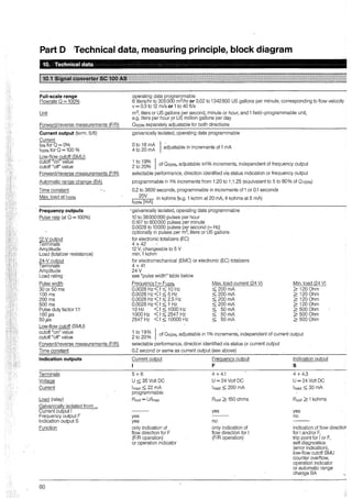 Part D Technical data, measuring principle, block diagram
Full-scale range
Flowrate 0=100%
Unit
Forward/reverse measurements (F/R)
Current output (term. 5/6)
Current
lo% for 0 = 0%
hoo% for 0=100 %
Low-flow cutoff (SMU)
cutoff "on" value
cutoff "off'' value
Forward/reverse measurements (F/R)
Automatie range change (BA)
Time constant
Max. load at hoo%
Frequency outputs
Pulse rate (at 0=100%)
12-V output
Terminals
Amplitude
Load (totalizer resistance)
24-Voutput
Terminals
Amplitude
Load rating
Pulsewidth
30 or 50 ms
100 ms
200ms
500ms
Pulse duty factor 1:1
160 µs
50µs
Low-flow cutoff (SMU)
cutoff "on" value
cutoff "off" value
Forward/reverse measurements (F/R)
Time constant
lndicatlon outputs
Terminals
Voltage
Current
Load (relay)
Galvanically isolated from .„
Current output 1
Frequency output F
lndication output S
Function
60
operating data programmable
6 liters/hr to 305000 m3/hr or 0.02 to 1342800 US gallons per minute, corresponding to flow velocity
v = 0.3 to 12 m/s or 1to 40 ft/s
m3, liters or US gallons per second, minute or hour, and 1 field-programmable unit,
e.g. liters per hour 9r US million gallons per day
0100% separately adjustable for both directions
galvanically isolated, operating data programmable
~i~ 18~~ }~djustable in increments of 1 mA
1to19%}
2
to
20
% of 0100%, adjustable in1% increments, independent of frequency output
selectable performance, direction identified via status indication or frequency output
programmable in 1% increments from 1:20 to 1:1.25 (equivalent to 5 to 80% of 0100%)
0.2 to 3600 seconds, programmable in increments of 1or 0.1 seconds
1
20
[V A] in kohms te.g. 1 kohm at 20 mA, 4 kohms at 5 mA)
100% m
'galvanically isolated, operating data programmable
10 to 36000000 pulses per hour
0.167 to 600000 pulses per minute
0.0028to10000 pulses per second (=Hz)
optionally in pulses per m3, liters or US gallons
for electronic totalizers (EC)
4+42
12 V, changeable to 5 V
min.1 kohm
for electromechanical (EMC) or electronic (EC) totalizers
4 +41
24V
see "pulse width" table below
Frequency f = F100%
0.0028 Hz <f s 10 Hz
0.0028 Hz <f s 5 Hz
0.0028 Hz <f s 2.5 Hz
0.0028 Hz <f s 1 Hz
10 Hz <f S 1000 Hz
1000 Hz <f s 2547 Hz
2547 Hz <f s 10000 Hz
Max. load current (24 V)
S200mA
5200mA
S 200 mA
5200mA
S 50mA
S 50mA
S 50mA
Min. load (24 V)
2 120 Ohm
2 120 Ohm
2 120 Ohm
21200hm
2 5000hm
2 5000hm
2 500 Ohm
1 to 19% } of 0 10o%, adjustable in 1% increment~, independent of current output
2 to 20%
selectable performance, direction identified via status or current output
0.2 second or same as current output (see above)
Current output Frequency output
1 F
5+6 4+4.1
U s 35 VoltDC U=24 Volt DC
l1oad S 22 mA l1oad S 200 mA
programmable
Rcoil = U/lmax Rcoil 2150 ohms
yes
yes
yes no
only indication of only indication of
flow direction for F flow direction for 1
(F/R operation) (F/R operation)
or operation indicator
lndication output
s
4+4.3
U=24 Volt DC
l1oad S 30 mA
Rcoil 2 1 kohms
yes
no
indication of flow directior
for 1 and/or F,
trip point for 1or F,
seif diagnostics
(error indication),
low-flow cutoff SMU
counter overflow,
operation indicator
or automatic range
change BA
 