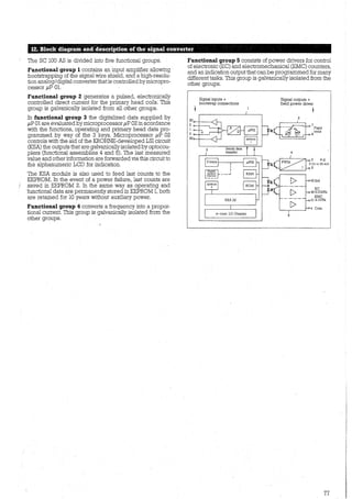 1Z~ Block diagram andii description ofthe: sfgnaI converter
The SC 100 AS is divided into five functional groups.
Functional group 1 contains an input arnplifier allowing ·
bootstrapping of the signal wire shield, and a high-resolu-
tion analog/digital converter that is controlled by rnicropro-
cessor µP 01.
Functional group 2 generates a pulsed, electronically
controlled direct current for the primary head coils. This
group is galvanically isolated from all other groups.
In functional group 3 the digitalized data supplied by
µP 01 are evaluated by rnicroprocessor µP 02 in acordance
with the functions, operating and primary head data pro-
grammed by way of the 3 keys. Microprocessor µP 02
controls with the aid of the KROHNE-developed LSI circuit
(KSA) the outputs that are galvanicallyisolated by optocou-
plers (functional assemblies 4 and 5). The last measured
value and other information are forwarded via this circuit to
the alphanumeric LCD for indication.
The KSA module is also used to feed last counts to the
EEPROM. In the event of a power failure, last counts are
saved in EEPROM 2. In the same way as operating and
'functional data are permanently stored in EEPROM 1, both
are retained for 10 years without auxiliary power.
Functional group 4 converts a frequency into a propor-
tional current. This group is galvanically isolated from the
other groups.
Functional group 5 consists of power drivers for control
ofeiectronic (EC) and eiectromechanical (EMC) counters,
and an indication output that can be prograrnmed for many
different tasks. This group is galvanically isolated from the
other groups.
Signal inputs +
bootstrap connections
a-nurn. LC-Display
Signal outputs +
field power driver
1
2
~7
Field't~ 8coils
43Ind
[>
[>
EC
4z,;;10kHz
s
EMC
41,;; IOHz
4 Com
77
 