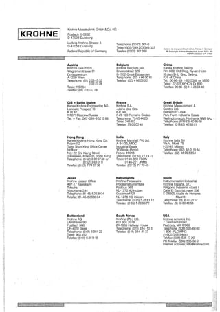 IKROHNEI
Krohne Messtechnik GmbH&Co. KG
Postfach 100862
D-47008 Duisburg
Ludwig-Krohne-Strasse 5
D-47058 Duisburg
Federal Republic of Germany
Austria
Krohne Ges.m.b.H.
Wagramerstrasse 81
Donauzentrum
A-1220 Wien
Telephone: (01) 2 03 45 32
2032328
Telex: 115 864
Telefax: (01) 2034778
CIS + Baltic States
Kanex Krohne Engineering AG
Leninskij Prospect 16
KW67
117071 Moscow/Russia
Tel.+ Fax: 007-095-9521588
Hong Kong
Kanex Krohne Hang Kong Co.
Room 112
Tung Shun King Office Center
1st floor
No.: 22 Chi Kiang Street
Tokwawan, Kowloon, Hang Kong
Telephone: (852) 3339788 or
(8 52) 3 63 0111
Telefax: (8 52) 774 37 26
Japan
Krohne Liaison Office
497-17 Kawakami
Totsuka
Yokohama 244
Telephone: 81- 45-826 3034
Telefax: 81-45-8263034
Switzerland
Krohne AG
Uferstrasse 90
Postfach 568
CH-4019 Basel
Telephone: (0 61) 6 3111 22
Telex.: 963 452
Telefax: (0 61) 6 311418
Telephone (0203) 301-0
Telex 1600/049203349322
Telefax (0203) 301 389
Belgium
Krohne Belgium N.V.
Brusselstraat 320 ,
B-1702 Groot Bijgaarden
Telephone: (02) 4660010
Telefax: (02) 4 66 08 00
France
Krohne SA
«Usine des Ors»
B.P. 98
F-26 103 Romans Cedex
Telephone: 75 05 44 00
Telex: 345153
Telefax: 75 05 00 48
lndia
Krohne Marshall Pvt. Ltd.
A-34/35, MIDC
lndustrial Estate
'H'-Block, Pimpri
Poona 411018
Telephone: (0212) 77 74 72
Telex: 0146-323 FSON
0146-221 JNMS
Telefax: (0212) 77 70 49
Netherlands
Krohne Persenaire
Procesinstrumentatie
Postbus 365
NL-1270 AJ Huizen
Gooierserf 121
NL-1276 KG Huizen
Telephone: (0 35) 5 28 61 11
Telefax: (0 35) 5 26 96 72
South Africa
Krühne (pty.) Ltd.
P.O.Box 2078
ZA-1685 Ha/fway House
Telephone: (011) 314-13 51
Telefax: (011) 314-11 37
Subject to change without notice. Printed in Geqnany
© Copyright Krohne Messtechnik GmbH & Co. KG
KIEFER J D.ESIGN Urh. 84130
c'hina
Kanex Krohne Beijing
Rm 830, Old Bldg, Xiyuan Hotel
Xi Jiao Er Li Gau, Beijing,
P.R. of China
Tel.: 0086-(0) 1-8313388 ex 5830
Telex: 22 831 XYHCN Ex 830
Telefax: 0086-(0) 1-4260440
Great Britain
Krohne Measurement &
Contra/ Ltd.
Rutherford Drive
Park Farm lndustrial Estate
Wellingborough, Northants NN8 6J..... ~.
Telephone: (01933) 408500
Telefax: (01933) 408501
ltaly
Krohne ltalia Sri
Via V. Monti 75
1-20145 Milano
Telephone: (02) 48 0119 84
Telefax: (02) 48 00 83 54
Spain
Instrumentation lndustrial
Krohne Espafia, S.r.I.
Poligono lndustrial Alcala 1
Galle EI Escorial, nave 206
E-28805 Alcala de Henares
Madrid
Telephone: (9) 18 83 2152
Telefax: (9) 18834854
USA
Krohne America lnc.
7 Dearborn Raad
Peabody, MA 01960
Telephone (508) 535-60 60
1-800 - FLOWING
(1-800-356-9464)
Telefax (508) 535-17 20
PC Telefax (508) 535-38 51
Internet address: info@krohne.com
 