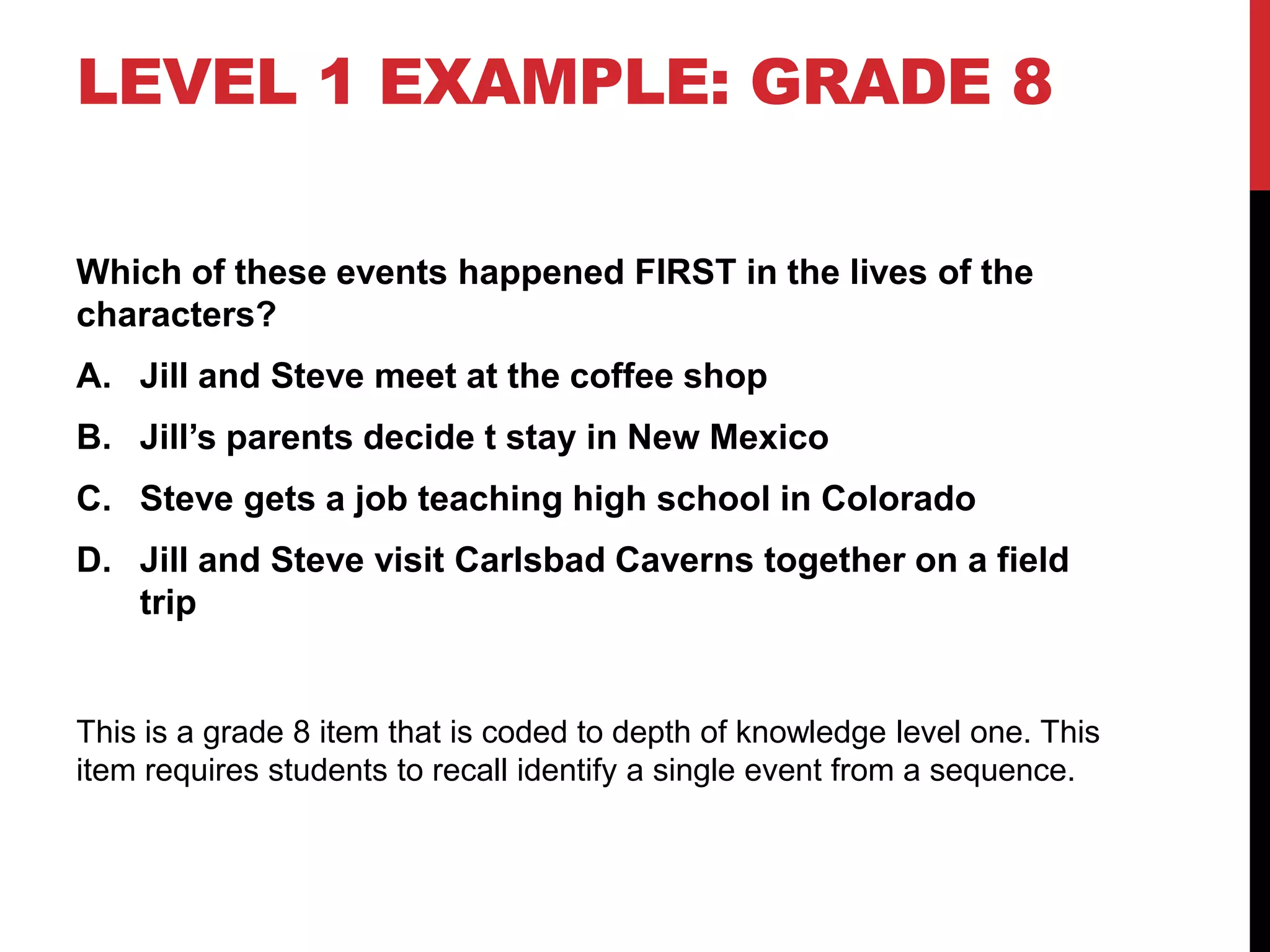 LEVEL 1 EXAMPLE: GRADE 8

Which of these events happened FIRST in the lives of the
characters?
A. Jill and Steve meet at the coffee shop
B. Jill’s parents decide t stay in New Mexico
C. Steve gets a job teaching high school in Colorado
D. Jill and Steve visit Carlsbad Caverns together on a field
   trip


This is a grade 8 item that is coded to depth of knowledge level one. This
item requires students to recall identify a single event from a sequence.
 