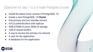 24
Objective for day 1 is a 3 node Postgres cluster
● Install the latest minor version of PostgreSQL 14
● Create a new PostgreSQL 14 Cluster
● One primary and two standby servers
● mTLS authentication with replicas
● 4GB of RAM, 8 cores, 50Gb of storage
● 1GB of shared buffers
● A way to access the primary via network
● A user for the application
● A database for the application
 