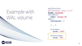 31
Install a Postgres cluster
apiVersion:
postgresql.cnpg.io/v1
kind: Cluster
metadata:
name: myapp-db
spec:
instances: 3
[...]
storage:
size: 50Gi
walStorage:
size: 5Gi
Example with
WAL volume
 