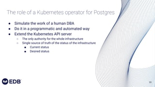 33
The role of a Kubernetes operator for Postgres
● Simulate the work of a human DBA
● Do it in a programmatic and automated way
● Extend the Kubernetes API server
○ The only authority for the whole infrastructure
○ Single source of truth of the status of the infrastructure
■ Current status
■ Desired status
 