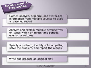 Gather, analyze, organize, and synthesize
information from multiple sources to draft
a reasoned report
Analyze and explain multiple perspectives
or issues within or across time periods,
events, or cultures
Specify a problem, identify solution paths,
solve the problem, and report the results
Write and produce an original play
Southern Nevada RPDP 15
 