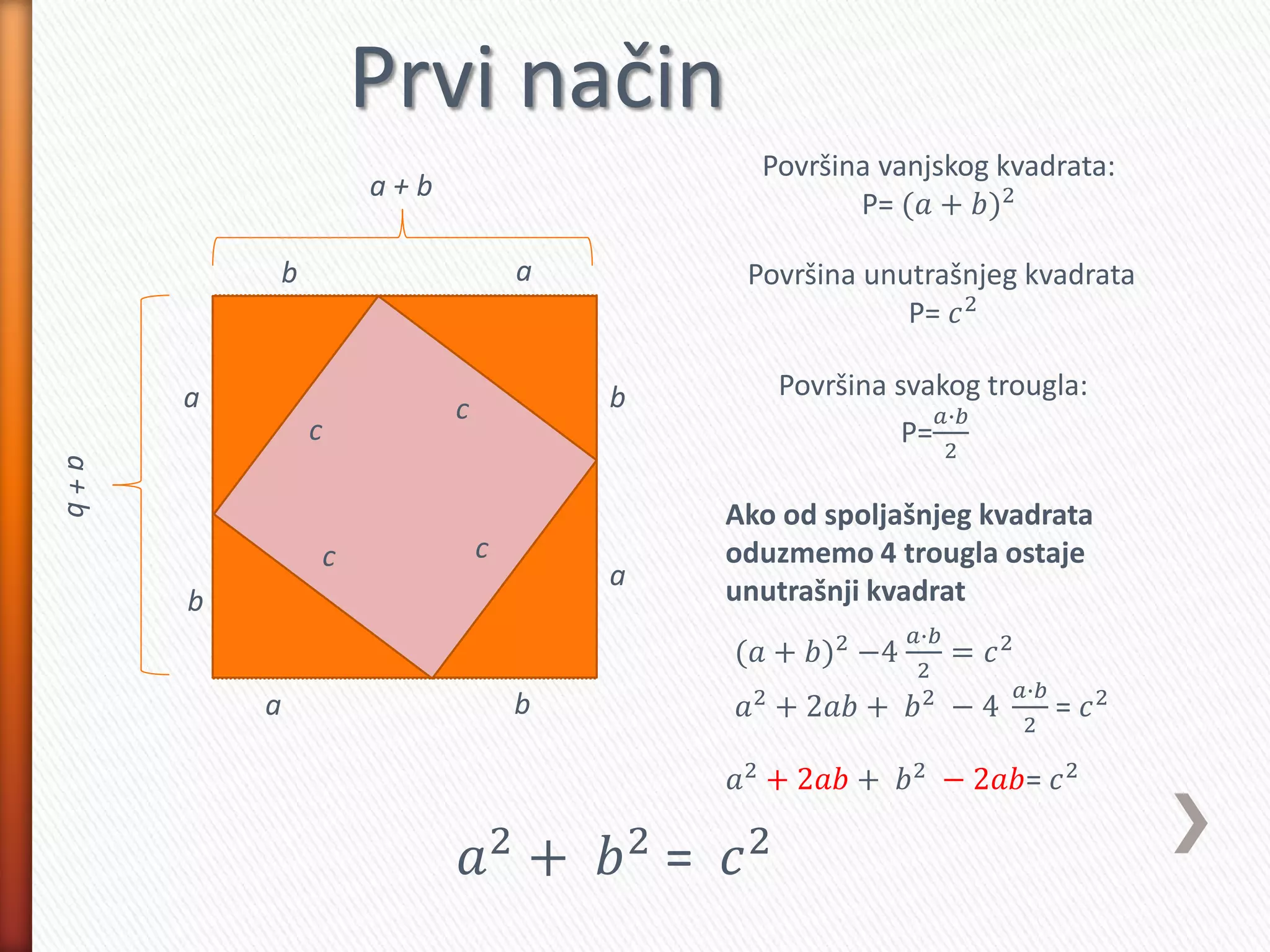 a b
b
a
a
b
c c
c
c
ab Površina unutrašnjeg kvadrata
P= 𝑐2
Površina vanjskog kvadrata:
P= (𝑎 + 𝑏)2a + b
a+b
Ako od spoljašnjeg kvadrata
oduzmemo 4 trougla ostaje
unutrašnji kvadrat
Površina svakog trougla:
P=
𝑎∙𝑏
2
(𝑎 + 𝑏)2
−4
𝑎∙𝑏
2
= 𝑐2
𝑎2
+ 2𝑎𝑏 + 𝑏2
− 4
𝑎∙𝑏
2
= 𝑐2
𝑎2
+ 2𝑎𝑏 + 𝑏2
− 2𝑎𝑏= 𝑐2
𝑎2
+ 𝑏2
= 𝑐2
Prvi način
 