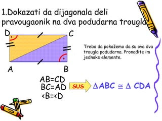 1.Dokazati da dijagonala deli
pravougaonik na dva podudarna trougla.
A B
CD
Treba da pokažemo da su ova dva
trougla podudarna. Pronađite im
jednake elemente.
AB=CD
BC=AD
<B=<D
∆ABC ≅ ∆ CDASUS
 