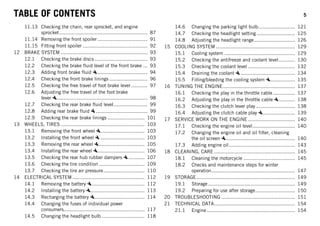 TABLE OF CONTENTS 5
11.13 Checking the chain, rear sprocket, and engine
sprocket............................................................ 87
11.14 Removing the front spoiler .................................. 91
11.15 Fitting front spoiler ............................................ 92
12 BRAKE SYSTEM ........................................................... 93
12.1 Checking the brake discs .................................... 93
12.2 Checking the brake fluid level of the front brake ... 93
12.3 Adding front brake fluid .................................. 94
12.4 Checking the front brake linings .......................... 96
12.5 Checking the free travel of foot brake lever ........... 97
12.6 Adjusting the free travel of the foot brake
lever .............................................................. 98
12.7 Checking the rear brake fluid level....................... 99
12.8 Adding rear brake fluid ................................... 99
12.9 Checking the rear brake linings ......................... 101
13 WHEELS, TIRES ......................................................... 103
13.1 Removing the front wheel .............................. 103
13.2 Installing the front wheel .............................. 103
13.3 Removing the rear wheel ............................... 105
13.4 Installing the rear wheel ................................ 106
13.5 Checking the rear hub rubber dampers ........... 107
13.6 Checking the tire condition ............................... 109
13.7 Checking the tire air pressure............................ 110
14 ELECTRICAL SYSTEM ................................................. 112
14.1 Removing the battery .................................... 112
14.2 Installing the battery ..................................... 113
14.3 Recharging the battery .................................. 114
14.4 Changing the fuses of individual power
consumers....................................................... 117
14.5 Changing the headlight bulb ............................. 118
14.6 Changing the parking light bulb......................... 121
14.7 Checking the headlight setting .......................... 125
14.8 Adjusting the headlight range............................ 126
15 COOLING SYSTEM ...................................................... 129
15.1 Cooling system ................................................ 129
15.2 Checking the antifreeze and coolant level........... 130
15.3 Checking the coolant level ................................ 132
15.4 Draining the coolant ..................................... 134
15.5 Filling/bleeding the cooling system ................. 135
16 TUNING THE ENGINE................................................. 137
16.1 Checking the play in the throttle cable ............... 137
16.2 Adjusting the play in the throttle cable ........... 138
16.3 Checking the clutch lever play........................... 138
16.4 Adjusting the clutch cable play ...................... 139
17 SERVICE WORK ON THE ENGINE ................................ 140
17.1 Checking the engine oil level............................. 140
17.2 Changing the engine oil and oil filter, cleaning
the oil screen ............................................... 140
17.3 Adding engine oil............................................. 143
18 CLEANING, CARE ....................................................... 145
18.1 Cleaning the motorcycle ................................... 145
18.2 Checks and maintenance steps for winter
operation......................................................... 147
19 STORAGE................................................................... 149
19.1 Storage ........................................................... 149
19.2 Preparing for use after storage........................... 150
20 TROUBLESHOOTING .................................................. 151
21 TECHNICAL DATA....................................................... 154
21.1 Engine ............................................................ 154
 