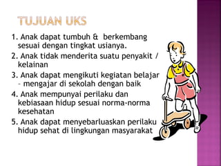 1. Anak dapat tumbuh & berkembang
sesuai dengan tingkat usianya.
2. Anak tidak menderita suatu penyakit /
kelainan
3. Anak dapat mengikuti kegiatan belajar
– mengajar di sekolah dengan baik
4. Anak mempunyai perilaku dan
kebiasaan hidup sesuai norma-norma
kesehatan
5. Anak dapat menyebarluaskan perilaku
hidup sehat di lingkungan masyarakat
 