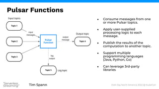 Tim Spann
“Serverless
Streaming”
● Consume messages from one
or more Pulsar topics.
● Apply user-supplied
processing logic to each
message.
● Publish the results of the
computation to another topic.
● Support multiple
programming languages
(Java, Python, Go)
● Can leverage 3rd-party
libraries
Pulsar Functions
DoK Day North America 2022 @ KubeCon
 