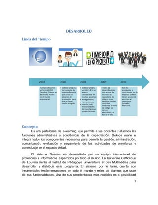 7
DESARROLLO
Línea del Tiempo
Concepto
Es una plataforma de e-learning, que permite a los docentes y alumnos las
funciones administrativas y académicas de la capacitación. Dokeos reúne e
integra todos los componentes necesarios para permitir la gestión, administración,
comunicación, evaluación y seguimiento de las actividades de enseñanza y
aprendizaje en el espacio virtual.
El sistema Dokeos es desarrollado por un equipo internacional de
profesores e informáticos esparcidos por todo el mundo. La Université Catholique
de Louvain alentó al Institut de Pédagogie universitaire et des Multimédias para
desarrollar y distribuir este programa. El sistema por lo tanto, cuenta con
innumerables implementaciones en todo el mundo y miles de alumnos que usan
de sus funcionalidades. Una de sus características más notables es la posibilidad
 