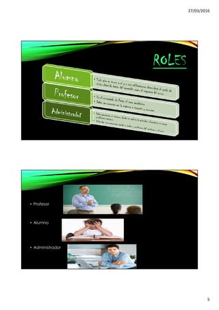 27/03/2016
5
ROLES
• Profesor
• Alumno
• Administrador
 