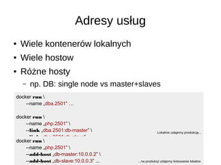 Adresy usług
● Wiele kontenerów lokalnych
● Wiele hostow
● Różne hosty
– np. DB: single node vs master+slaves
docker run 
--name „dba.2501” …
docker run 
--name „php.2501” 
--link „dba.2501:db-master” 
--link „dba.2501:db-slave” ...
Lokalnie udajemy produkcję...
docker run 
--name „php.2501” 
--add-host „db-master:10.0.0.2” 
--add-host „db-slave:10.0.0.3” ... ...na produkcji udajemy linkowanie lokalne.
 