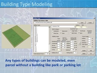 Building Type Modeling




 Any types of buildings can be modeled, even
 parcel without a building like park or parking lot
 