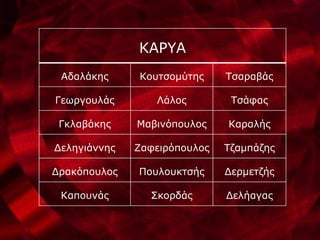 ΚΑΡΥΑ
Αδαλάκης Κουτσομύτης Τσαραβάς
Γεωργουλάς Λάλος Τσάφας
Γκλαβάκης Μαβινόπουλος Καραλής
Δεληγιάννης Ζαφειρόπουλος Τζαμπάζης
Δρακόπουλος Πουλουκτσής Δερμετζής
Καπουνάς Σκορδάς Δελήαγας
 