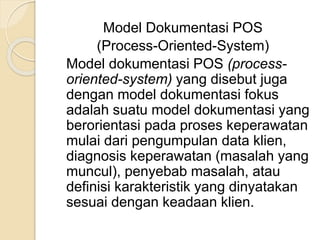 Model Dokumentasi POS 
(Process-Oriented-System) 
Model dokumentasi POS (process-oriented- 
system) yang disebut juga 
dengan model dokumentasi fokus 
adalah suatu model dokumentasi yang 
berorientasi pada proses keperawatan 
mulai dari pengumpulan data klien, 
diagnosis keperawatan (masalah yang 
muncul), penyebab masalah, atau 
definisi karakteristik yang dinyatakan 
sesuai dengan keadaan klien. 
 