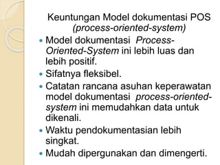 Keuntungan Model dokumentasi POS 
(process-oriented-system) 
 Model dokumentasi Process- 
Oriented-System ini lebih luas dan 
lebih positif. 
 Sifatnya fleksibel. 
 Catatan rancana asuhan keperawatan 
model dokumentasi process-oriented-system 
ini memudahkan data untuk 
dikenali. 
 Waktu pendokumentasian lebih 
singkat. 
 Mudah dipergunakan dan dimengerti. 
 