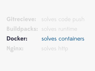 Gitrecieve: solves code push
Buildpacks: solves runtime
Docker:
solves containers
Nginx:
solves http