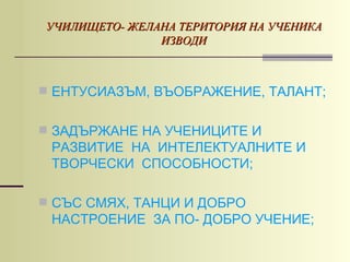 УЧИЛИЩЕТО- ЖЕЛАНА ТЕРИТОРИЯ НА УЧЕНИКА
               ИЗВОДИ



 ЕНТУСИАЗЪМ, ВЪОБРАЖЕНИЕ, ТАЛАНТ;


 ЗАДЪРЖАНЕ НА УЧЕНИЦИТЕ И
 РАЗВИТИЕ НА ИНТЕЛЕКТУАЛНИТЕ И
 ТВОРЧЕСКИ СПОСОБНОСТИ;

 СЪС СМЯХ, ТАНЦИ И ДОБРО
 НАСТРОЕНИЕ ЗА ПО- ДОБРО УЧЕНИЕ;
 
