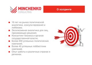 О холдинге




0   19 лет на рынке политической
    аналитики, консультирования и
    лоббизма;0
0   Эксклюзивная аналитика для лиц,
    принимающих решения;0
0   Консалтинг бизнеса и органов
    государственной власти;0
0   Более 200 успешных политических
    кампаний;0
0   Более 40 успешных лоббистских
    кампаний.0
0   Опыт работы в различных странах и
    регионах.0
 