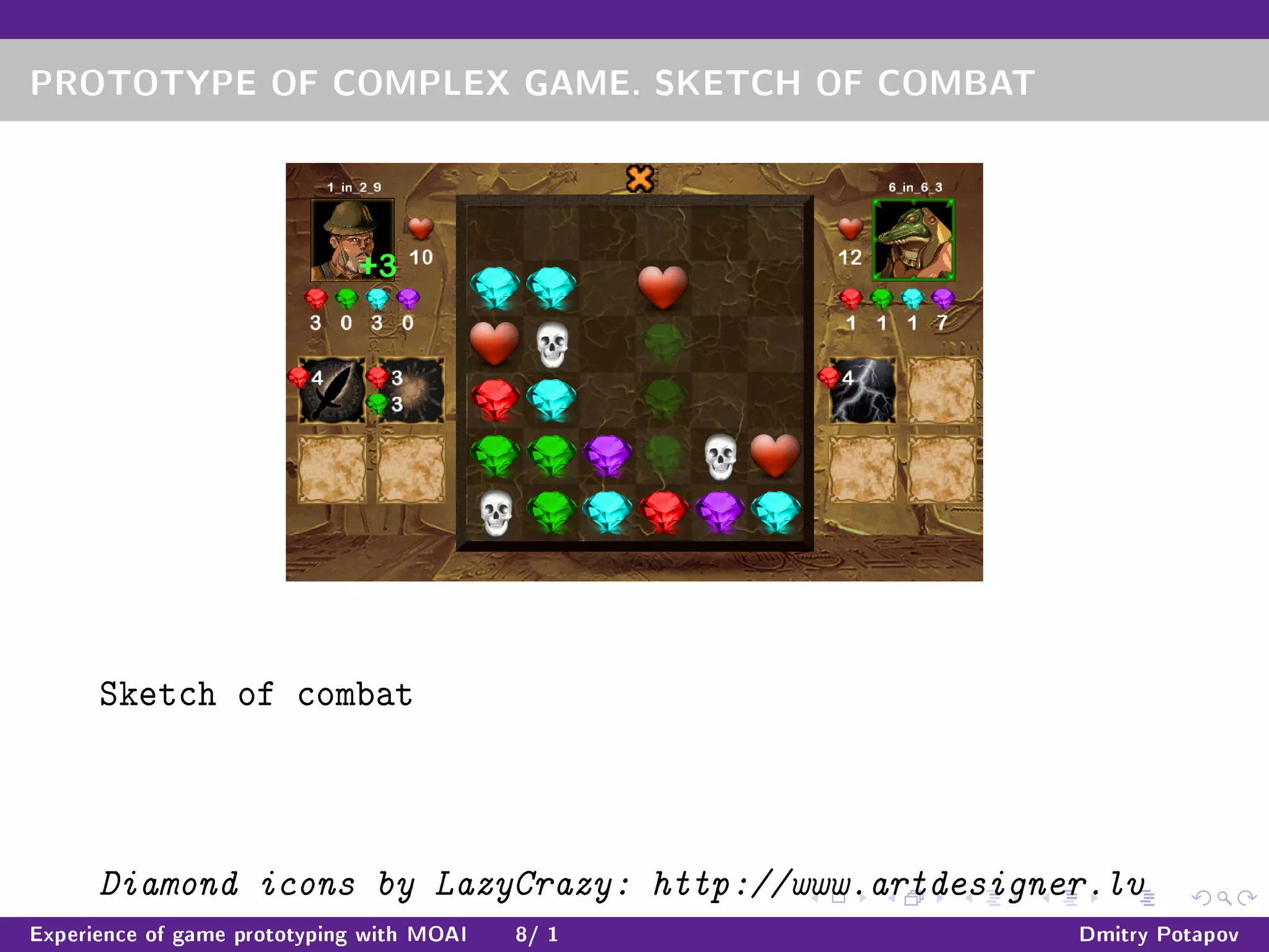 PROTOTYPE OF COMPLEX GAME. SKETCH OF COMBAT
Sketch of combat
Diamond icons by LazyCrazy: http://www.artdesigner.lv
Experience of game prototyping with MOAI 8/ 1 Dmitry Potapov
 