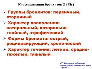 Классификация бронхитов (1998г)
 Группы бронхитов: первичный,
вторичный
 Характер воспаления:
катаральный, катарально-
гнойный, атрофический
 Формы бронхита: острый,
рецидивирующий, хронический
 Характер течения: легкий, средне-
тяжелый, тяжелый
ГУ “Институт педиатрии,
акушерства и гинекологии НАМН
Украины”
 