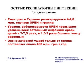 ОСТРЫЕ РЕСПИРАТОРНЫЕ ИНФЕКЦИИ:
Эпидемиология
• Ежегодно в Украине регистрируется 4-4,8
млн. случаев ОРВИ и гриппа;
• Уровень заболеваемости ОРВИ превышает
уровень всех остальных инфекций среди
детей в 7-7,5 раза, в 1,5-3 раза больше, чем у
взрослых;
• Экономический ущерб только от гриппа
составляет около 400 млн. грн. в год
С.А. Крамарев, 2015 ГУ “Институт педиатрии,
акушерства и гинекологии НАМН
Украины”
 