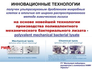 ИННОВАЦИОННЫЕ ТЕХНОЛОГИИ
получен ультразвуковым дроблением микробных
клеток в отличие от широко распространенного
метода химического лизиса
на основе новейшей технологии
производства поливалентного
механического бактериального лизата -
polyvalent mechanical bacterial lysate
PMBL
ГУ “Институт педиатрии,
акушерства и гинекологии НАМН
Украины”
Механический лизис
(фото после окрашивания по Граму)
Химический лизис
(фото после окрашивания по Граму)
Бактериальные тела чётко видно.
Проявляется только аморфное вещество, так как
бактериальные тела уничтожаются путем химического лизиса.
Окончательный лизат содержит только растворимые
антигены и не имеет корпускулярных антигенов
 