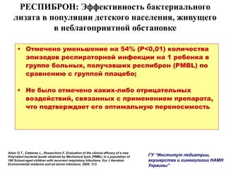 РЕСПИБРОН: Эффективность бактериального
лизата в популяции детского населения, живущего
в неблагоприятной обстановке
• Отмечено уменьшение на 54% (Р<0,01) количества
эпизодов респираторной инфекции на 1 ребенка в
группе больных, получавших респиброн (PMBL) по
сравнению с группой плацебо;
• Не было отмечено каких-либо отрицательных
воздействий, связанных с применением препарата,
что подтверждает его оптимальную переносимость
Aksic О.Т., Cattaneo L., Rosaschino F. Evaluation of the clinical efficacy of a new
Polyvalent bacterial lysate obtained by Mechanical lysis (PMBL) in a population of
180 School-aged children with recurrent respiratory Infections. Eur J Aerobiol-
Environmental medicine and air-borne infections. 2005; 1(1).
ГУ “Институт педиатрии,
акушерства и гинекологии НАМН
Украины”
 