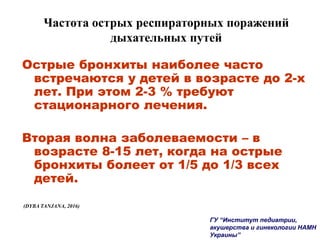 Частота острых респираторных поражений
дыхательных путей
Острые бронхиты наиболее часто
встречаются у детей в возрасте до 2-х
лет. При этом 2-3 % требуют
стационарного лечения.
Вторая волна заболеваемости – в
возрасте 8-15 лет, когда на острые
бронхиты болеет от 1/5 до 1/3 всех
детей.
(DYBA TANJANA, 2016)
ГУ “Институт педиатрии,
акушерства и гинекологии НАМН
Украины”
 