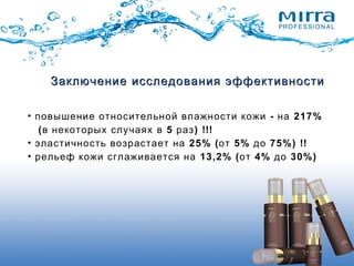 • - 217%повышение относительной влажности кожи на
( 5 ) !!!в некоторых случаях в раз
• 25% ( 5% 75%) !!эластичность возрастает на от до
• 13,2% ( 4% 30%)рельеф кожи сглаживается на от до
Заключение исследования эффективностиЗаключение исследования эффективности
 