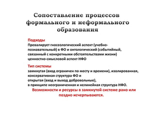 Подходы
Превалирует гносеологический аспект (учебно-
познавательный) в ФО и онтологический (событийный,
связанный с конкретными обстоятельствами жизни)
ценностно-смысловой аспект НФО
Тип системы
замкнутая (вход ограничен по месту и времени), изолированная,
консервативная структура ФО и
открытая (вход и выход добровольные),
в принципе неограниченная и нелинейная структура НФО.
  Возможности и ресурсы в замкнутой системе рано или
              поздно исчерпываются.
 