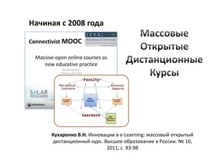 Начиная с 2008 года

Connectivist MOOC




       Кухаренко В.Н. Инновации в e-Learning: массовый открытый
       дистанционный курс. Высшее образование в России. № 10,
                            2011, с. 93-98
 