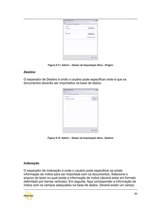 Figura 5-11. Admin – Gestor de Importação Ativa - Origem


Destino

O separador de Destino é onde o usuário pode especificar onde é que os
documentos deverão ser importados na base de dados.




                Figura 5-12. Admin – Gestor de Importação Ativa - Destino




Indexação

O separador de indexação é onde o usuário pode especificar se existe
informação de índice para ser importada com os documentos. Selecione o
arquivo de texto no qual existe a informação de índice (deverá estar em formato
delimitado por barras verticais). Em seguida, faça corresponder a informação de
índice com os campos adequados na base de dados. Deverá existir um campo

                                                                             46
 