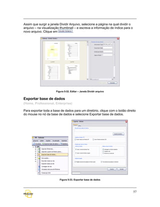 Assim que surgir a janela Dividir Arquivo, selecione a página na qual dividir o
arquivo – na visualização thumbnail – e escreva a informação de índice para o
novo arquivo. Clique em             .




                       Figura 5-32. Editar – Janela Dividir arquivo


Exportar base de dados
(Home, Professional, Enterprise)

Para exportar toda a base de dados para um diretório, clique com o botão direito
do mouse no nó da base de dados e selecione Exportar base de dados.




                          Figura 5-33. Exportar base de dados




                                                                                  57
 