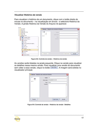 Visualizar Histórico da versão

Para visualizar o histórico de um documento, clique com o botão direito do
mouse no documento – na visualização em árvore - e selecione Histórico da
Versão. A janela Histórico da Versão do Arquivo irá aparecer.




                    Figura 6-8. Controle da versão – Histórico da versão


As versões serão listadas na janela esquerda. Clique na versão para visualizar
os detalhes nessa mesma versão. Para visualizar uma versão do documento
sem voltar a essa versão, clique no botão         . A imagem será exibida no
visualizador principal.




               Figura 6-9. Controle da versão – Histórico da versão - Detalhes




                                                                                 65
 