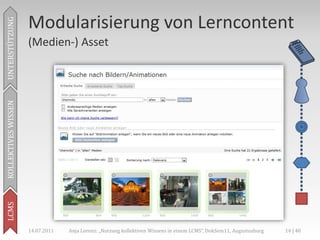 Modularisierung von Lerncontent
UNTERSTÜTZUNG



                     (Medien-) Asset
KOLLEKTIVES WISSEN
LCMS




                     14.07.2011   Anja Lorenz: „Nutzung kollektiven Wissens in einem LCMS“, DokSem11, Augustusburg   14 | 40
 