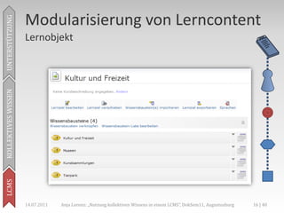 Modularisierung von Lerncontent
UNTERSTÜTZUNG



                     Lernobjekt
KOLLEKTIVES WISSEN
LCMS




                     14.07.2011   Anja Lorenz: „Nutzung kollektiven Wissens in einem LCMS“, DokSem11, Augustusburg   16 | 40
 