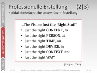 Professionelle Erstellung                                                               (2|3)
UNTERSTÜTZUNG



                     = didaktisch/fachliche unterstützte Erstellung


                                   „The Vision: Just the ‚Right Stuff‘
                                  • Just the right CONTENT, to
KOLLEKTIVES WISSEN




                                  • Just the right PERSON, at
                                  • Just the right TIME, on
                                  • Just the right DEVICE, in
                                  • Just the right CONTEXT, and
                                  • Just the right WAY“
LCMS




                                                                                            (Hodgins, 2001)

                     14.07.2011   Anja Lorenz: „Nutzung kollektiven Wissens in einem LCMS“, DokSem11, Augustusburg   22 | 40
 